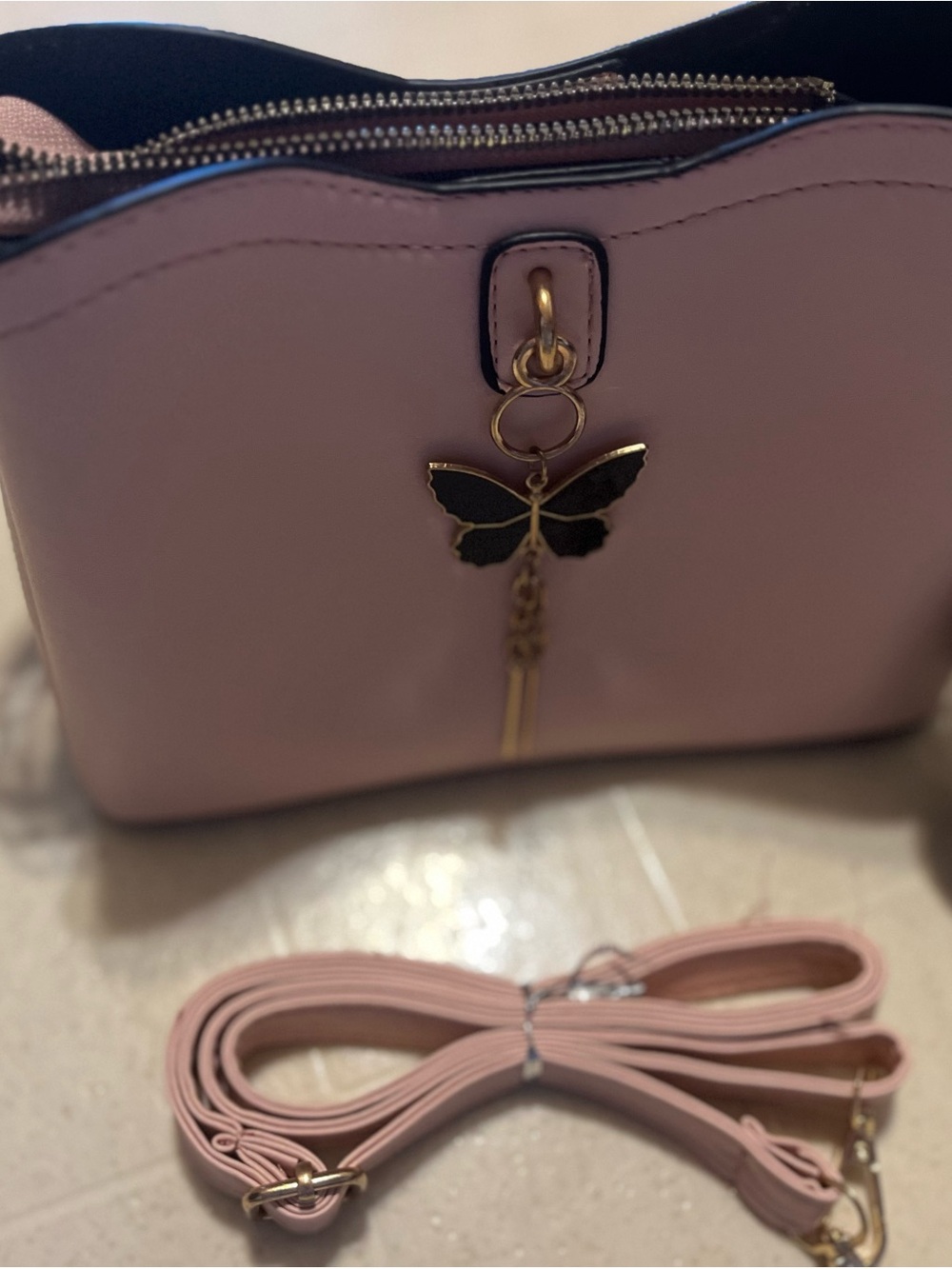 Blush Pink Butterfly Charm Crossbody Bag